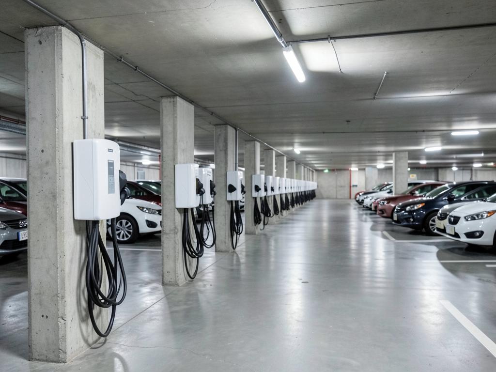 Reihe von Wallboxen auf Betonpfeilern in einem Parkhaus