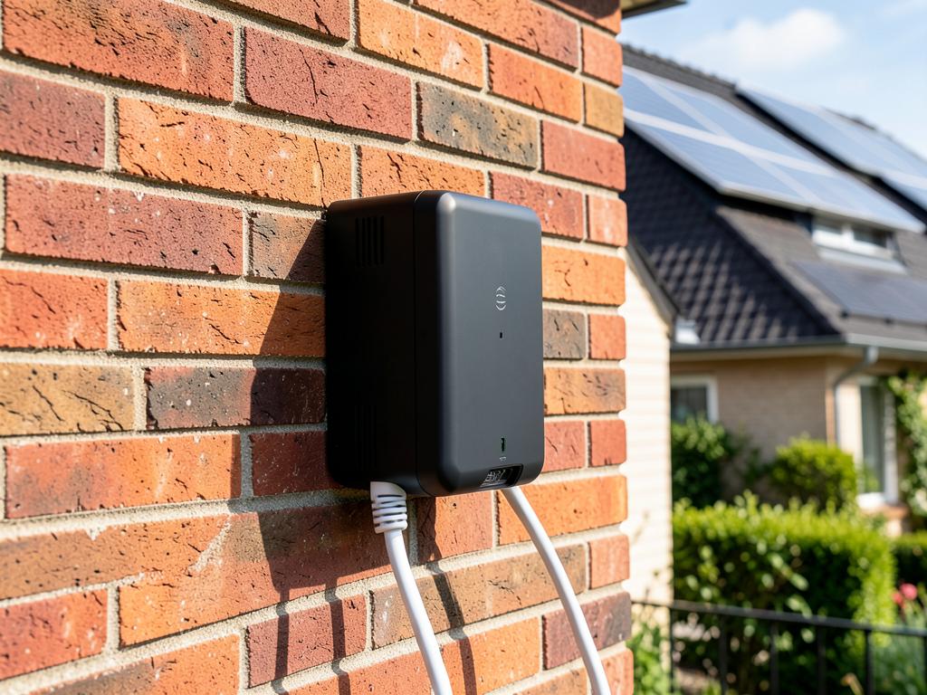 Wallbox an einer Klinkerwand mit PV-Anlage auf dem Dach